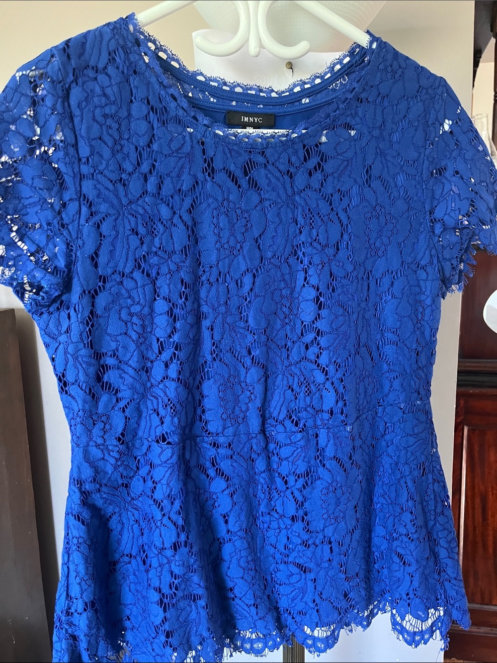 IMNYC Cobalt Blue Floral Lace Short Sleeve Blouse
